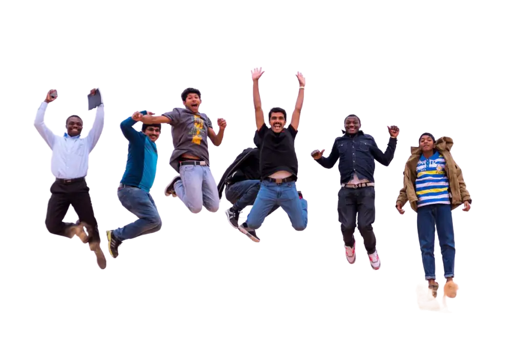 Group photo background removal example: six friends mid-jump as a transparent cutout
