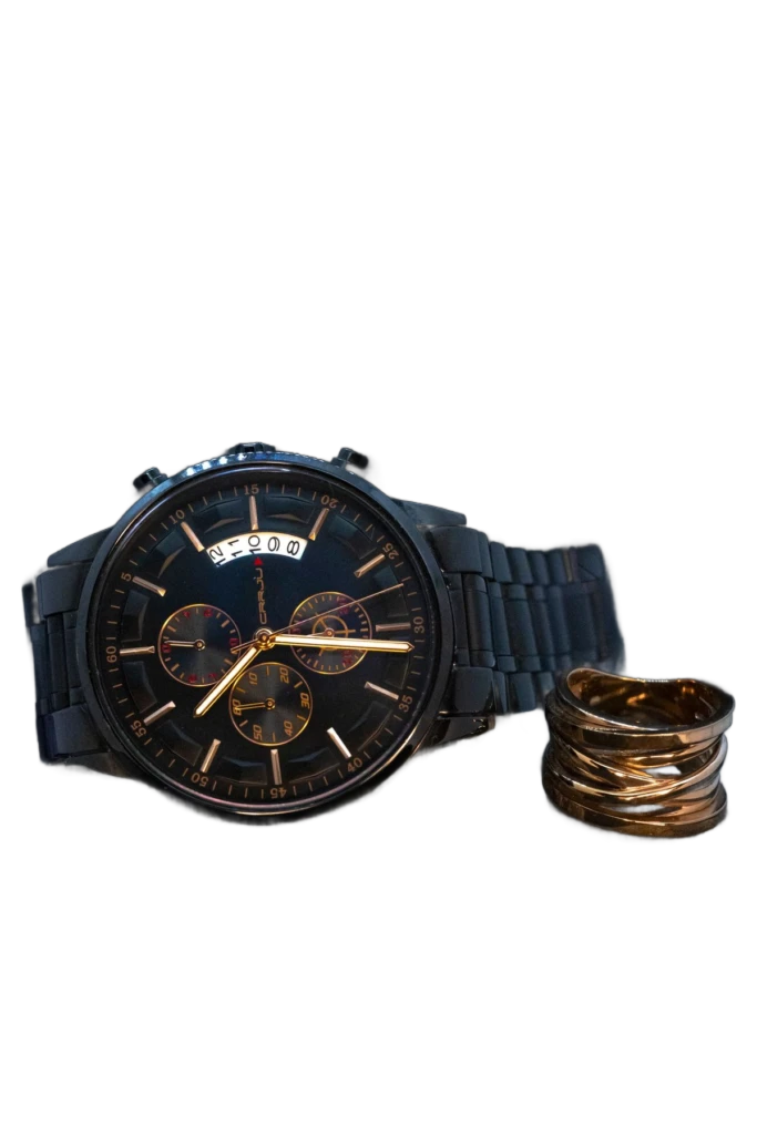 Background removal example: black chronograph watch as a transparent cutout